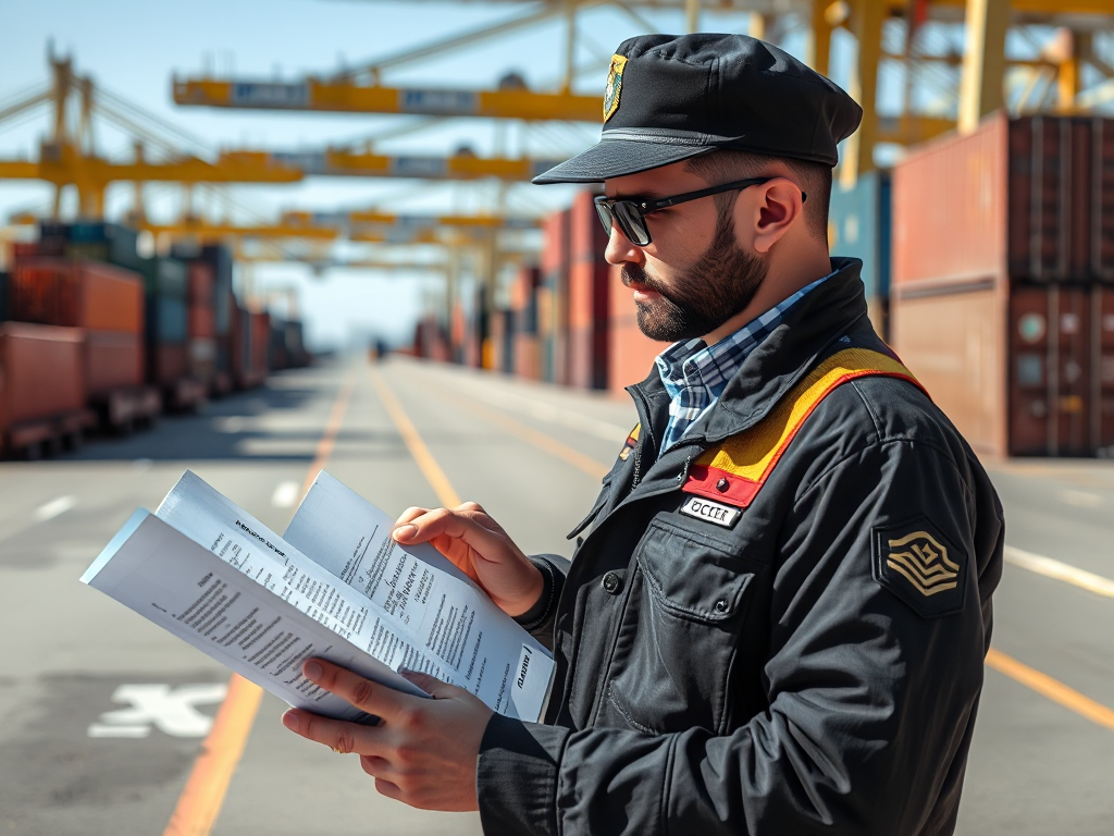 Nhân viên hải quan kiểm tra hóa đơn đỏ khi nhập khẩu hàng hóa tại cảng biển nhộn nhịp, container xếp chồng phía sau, ánh sáng ban ngày rõ nét