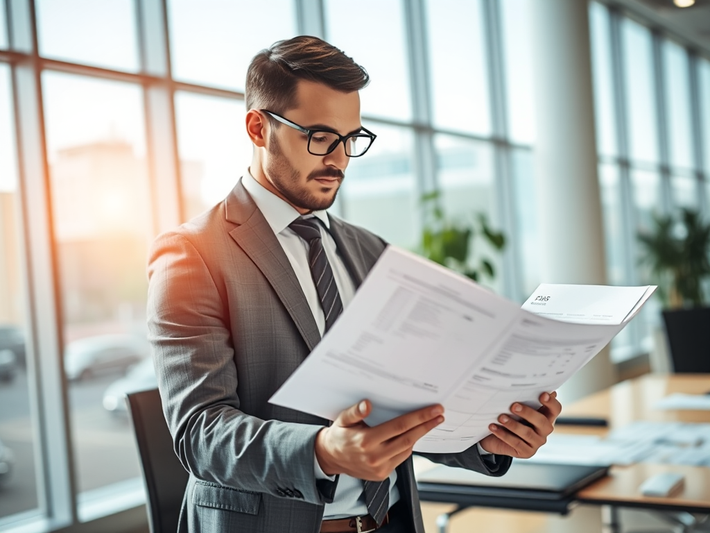 Nhân viên kế toán chuyên nghiệp đang kiểm tra hóa đơn và chứng từ tài chính trong văn phòng hiện đại với ánh sáng tự nhiên từ cửa sổ lớn