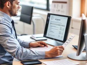 Nhân viên kế toán đang làm việc tại bàn với máy tính và tài liệu, tập trung vào thủ tục hủy hóa đơn VAT trong môi trường văn phòng chuyên nghiệp