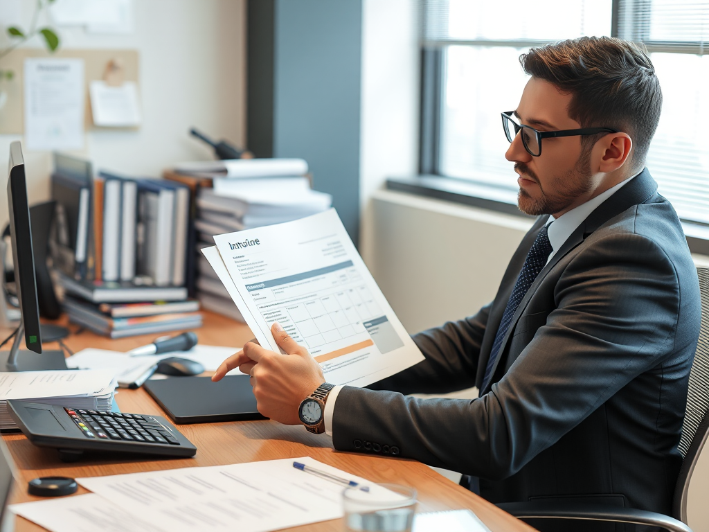 Nhân viên kế toán đang lập hóa đơn đầu ra tại bàn làm việc với máy tính và tài liệu, không gian văn phòng chuyên nghiệp với ánh sáng tự nhiên