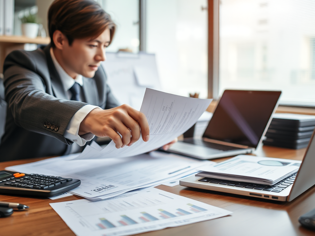 Nhân viên kế toán đang sắp xếp hồ sơ tài chính trên bàn làm việc với máy tính và máy tính bỏ túi, văn phòng sáng sủa, thể hiện quy trình hợp thức hóa chi phí