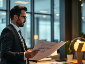 Nhân viên kế toán đang xem xét các tài liệu kinh doanh trong văn phòng hiện đại với ánh sáng ấm áp, thể hiện hoạt động mua hóa đơn hợp thức cho doanh nghiệp