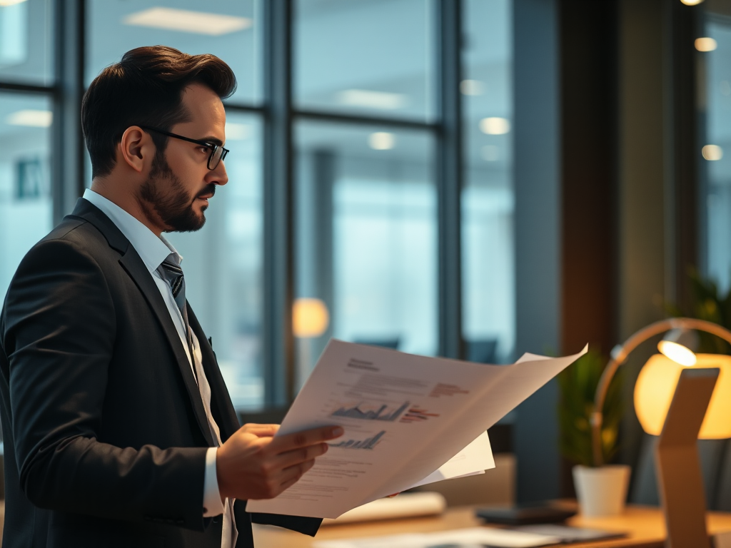 Nhân viên kế toán đang xem xét các tài liệu kinh doanh trong văn phòng hiện đại với ánh sáng ấm áp, thể hiện hoạt động mua hóa đơn hợp thức cho doanh nghiệp