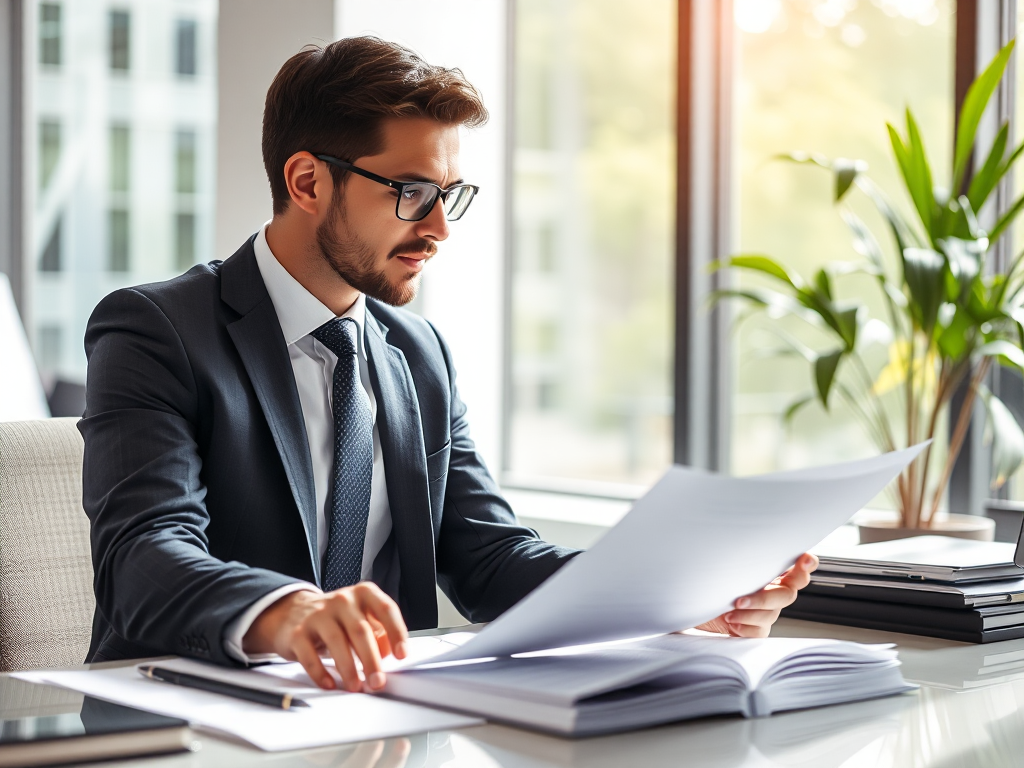 Nhân viên kế toán đang xem xét hồ sơ giấy tờ tại bàn làm việc trong văn phòng hiện đại, ánh sáng tự nhiên từ cửa sổ, phong cách doanh nghiệp chuyên nghiệp