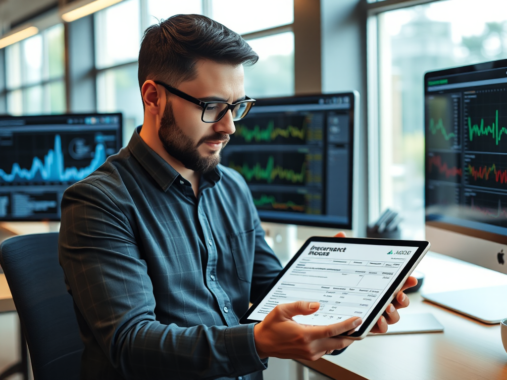 Nhân viên kế toán đang xem xét hóa đơn điện tử trên máy tính bảng trong văn phòng hiện đại với màn hình máy tính hiển thị dữ liệu tài chính, ánh sáng tự nhiên từ cửa sổ lớn