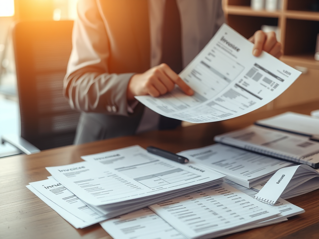 Nhân viên kế toán sắp xếp các loại hóa đơn và chứng từ trên bàn làm việc gỗ trong văn phòng hiện đại, ánh sáng tự nhiên ấm áp tạo không gian làm việc chuyên nghiệp