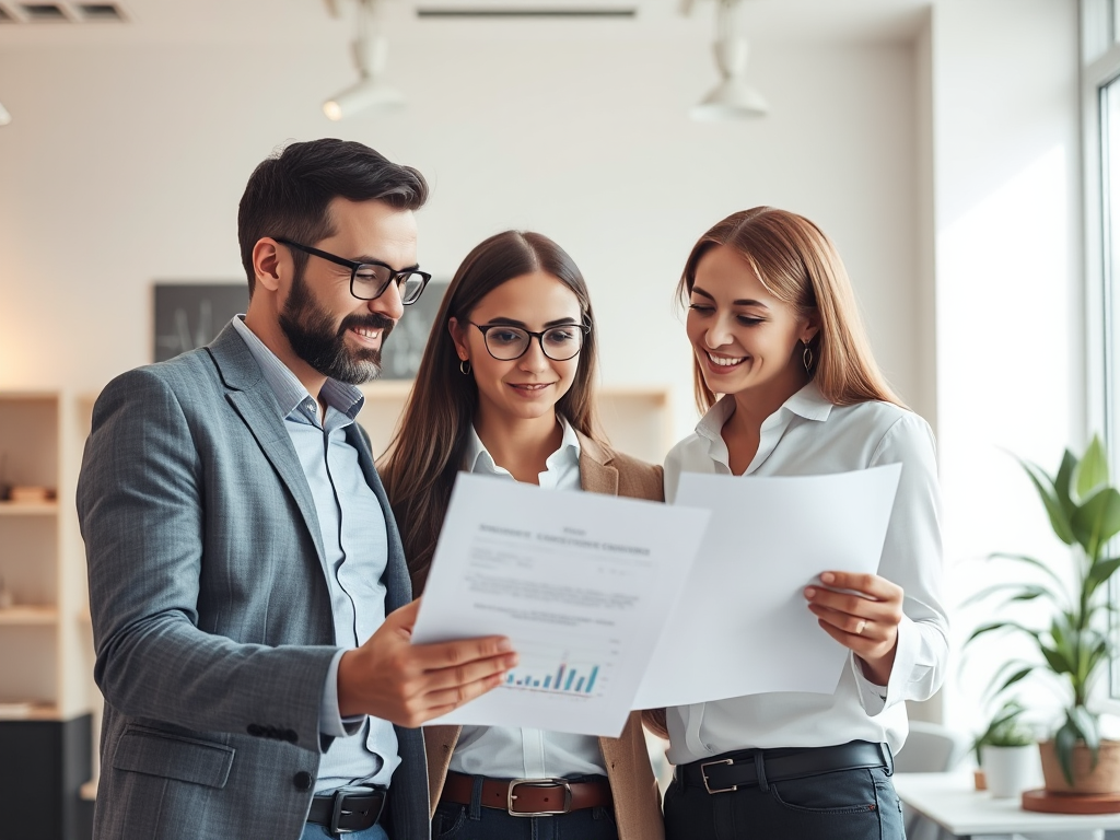 Nhóm chủ doanh nghiệp vừa và nhỏ xem xét tài liệu tài chính cùng nhau trong văn phòng sáng sủa với ánh sáng tự nhiên ấm áp, không khí chuyên nghiệp.