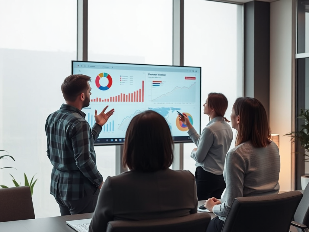 Nhóm chuyên gia công nghệ xem bảng so sánh tính năng phần mềm trên màn hình lớn trong văn phòng hiện đại, tập trung vào quản lý hóa đơn hiệu quả