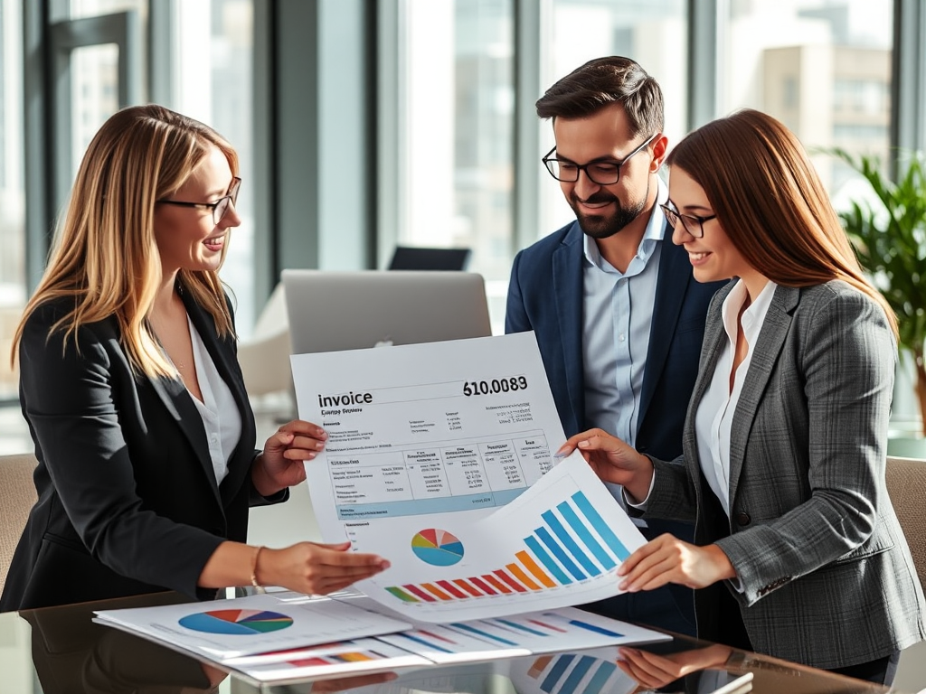 Nhóm chuyên gia đang phân tích bảng so sánh hóa đơn trong văn phòng hiện đại với ánh sáng tự nhiên, thể hiện dịch vụ mua hóa đơn