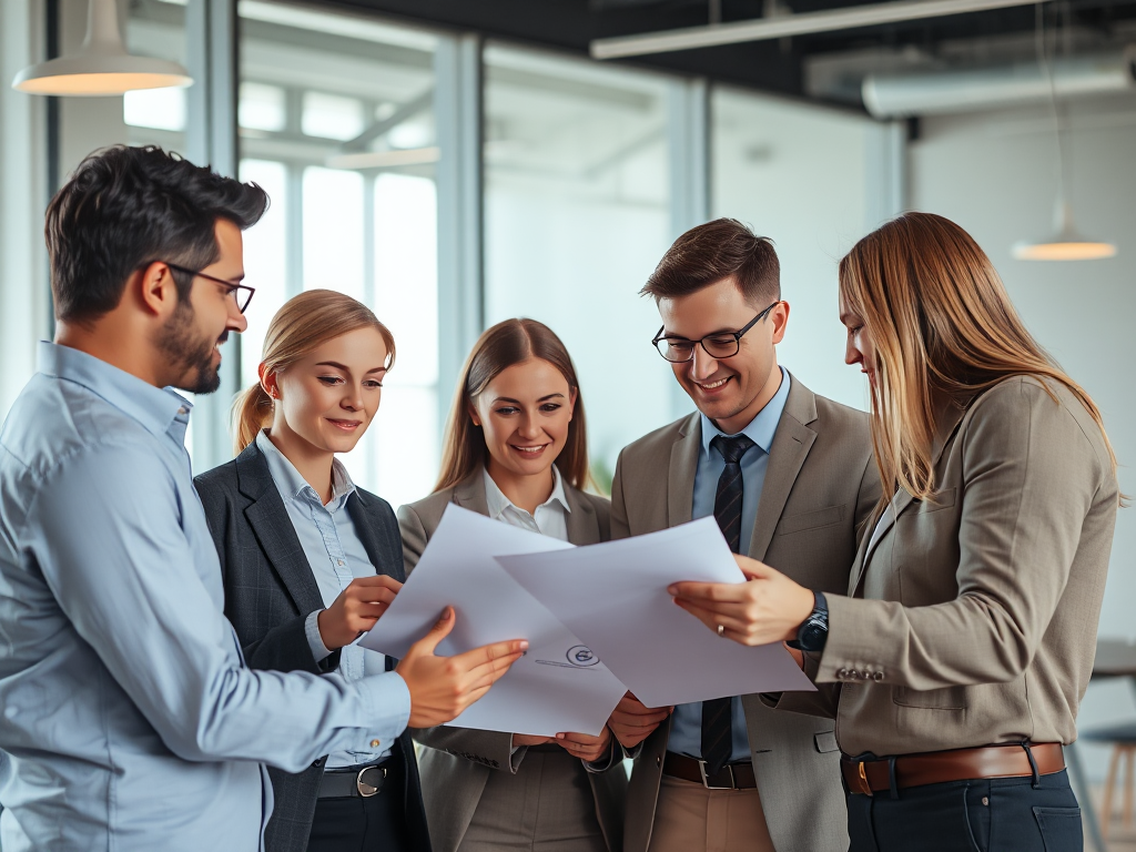 Nhóm chuyên gia đang phân tích tài liệu trong văn phòng hiện đại với ánh sáng tự nhiên, tập trung vào dịch vụ mua hóa đơn uy tín