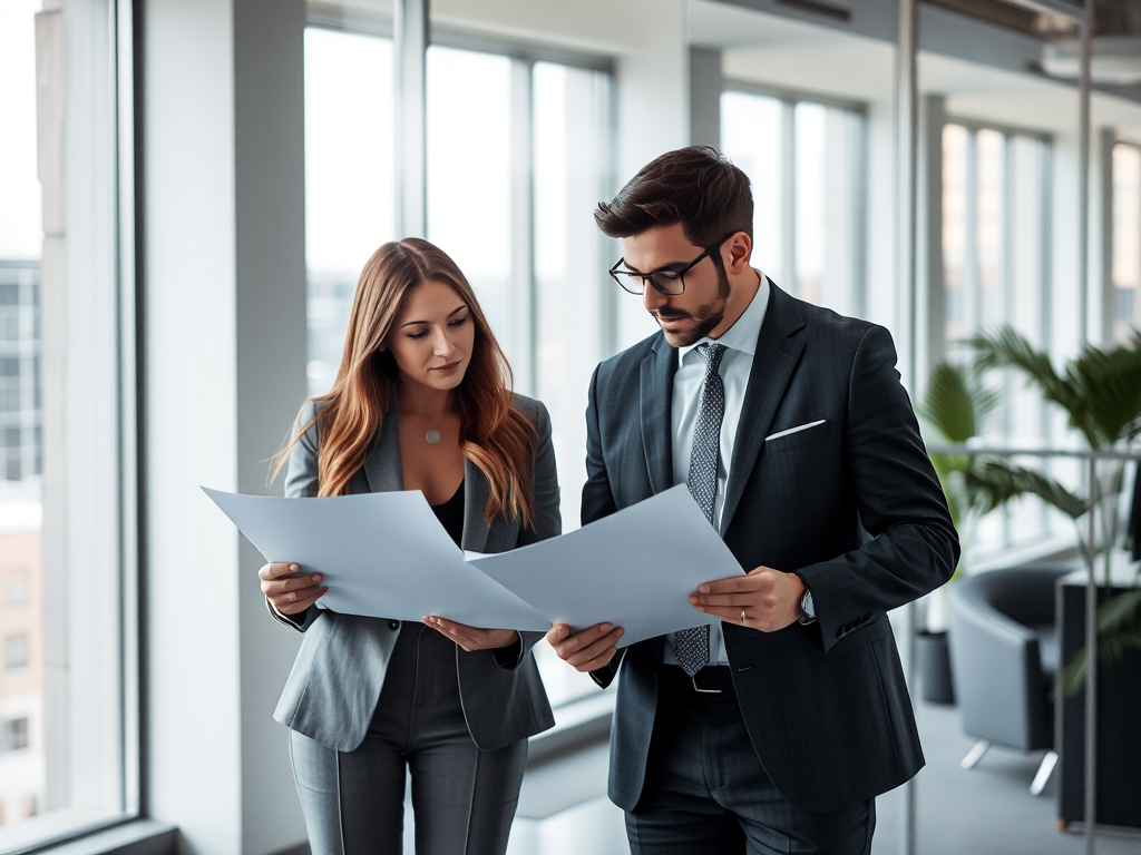 Nhóm chuyên gia đang so sánh tài liệu và hồ sơ trong văn phòng hiện đại với ánh sáng tự nhiên, tạo không khí làm việc chuyên nghiệp và tập trung