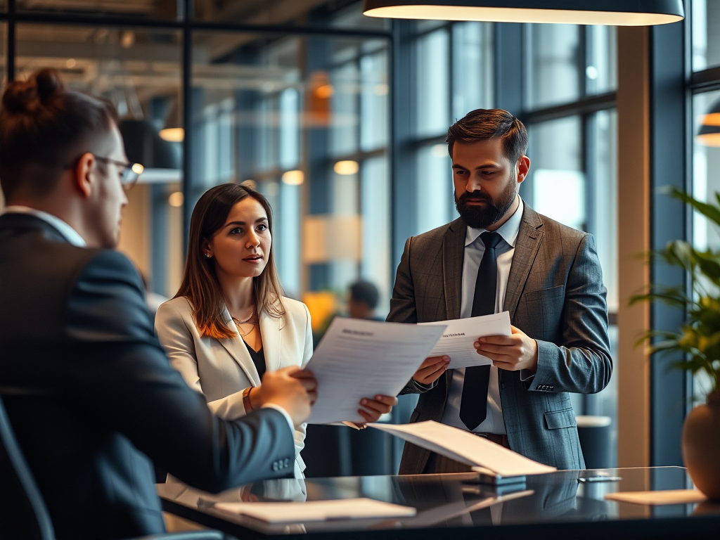 Nhóm chuyên gia đang thảo luận về dịch vụ xuất hóa đơn thuê trong không gian văn phòng hiện đại với ánh sáng ấm áp, tạo cảm giác chuyên nghiệp và tin cậy.