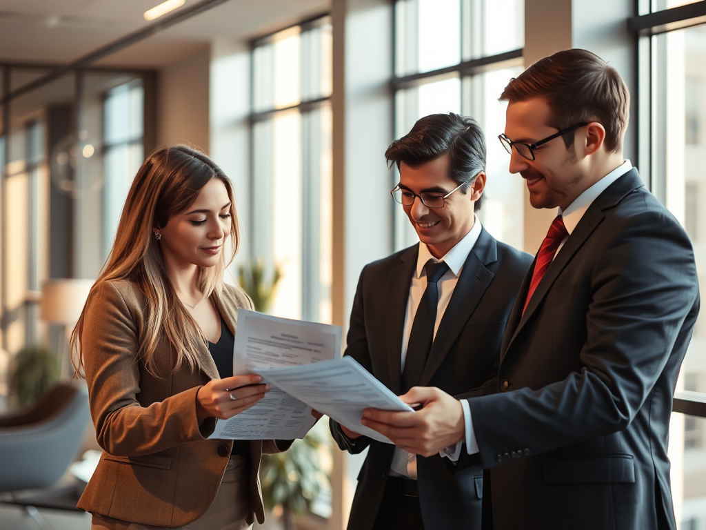 Nhóm chuyên gia làm việc với tài liệu tài chính trong văn phòng hiện đại, ánh sáng tự nhiên dịu nhẹ, thể hiện dịch vụ hóa đơn trọn gói chuyên nghiệp