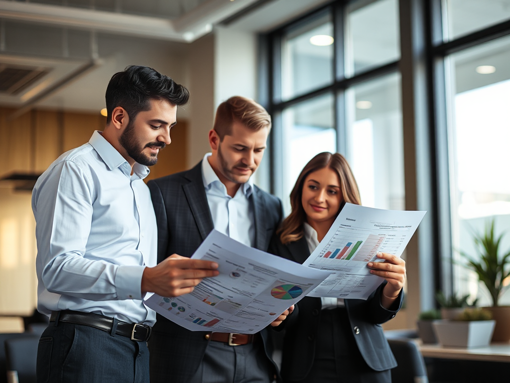 Nhóm chuyên gia tài chính đang phân tích hóa đơn và tài liệu kế toán trong văn phòng hiện đại, ánh sáng tự nhiên nhẹ nhàng tạo không gian làm việc chuyên nghiệp