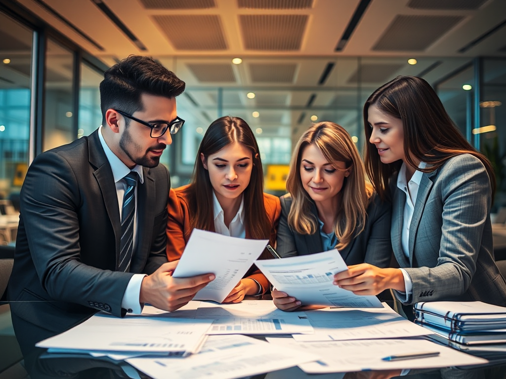 Nhóm chuyên gia tài chính đang xem xét hóa đơn VAT và tài liệu kế toán trong văn phòng chuyên nghiệp, ánh sáng dịu nhẹ tạo không gian làm việc hiện đại