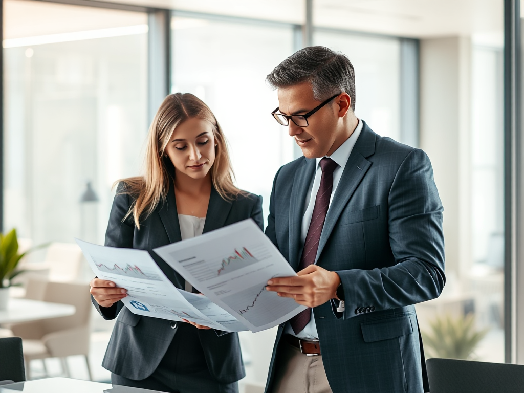 Nhóm chuyên gia tài chính đang xem xét tài liệu hóa đơn trong văn phòng hiện đại, ánh sáng tự nhiên dịu nhẹ tạo không gian làm việc chuyên nghiệp