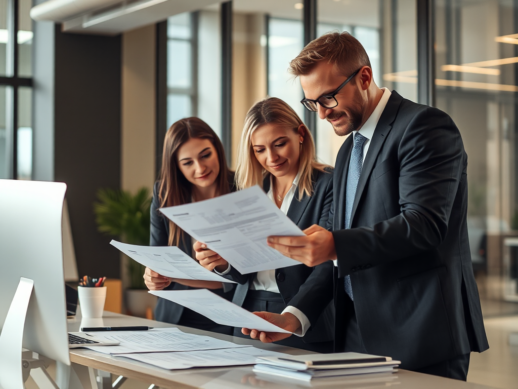 Nhóm chuyên gia tài chính đang xem xét tài liệu hóa đơn trong văn phòng hiện đại với ánh sáng tự nhiên ấm áp, dịch vụ hóa đơn trọn gói cho doanh nghiệp