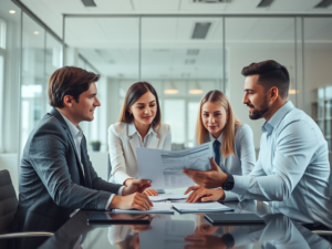 Nhóm chuyên gia tài chính phân tích tài liệu hóa đơn tại bàn họp trong văn phòng hiện đại, ánh sáng tự nhiên dịu nhẹ, dịch vụ mua hóa đơn chuyên nghiệp