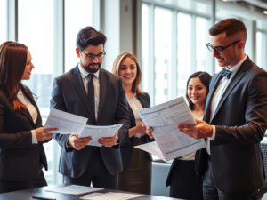 Nhóm chuyên gia tài chính xem xét hóa đơn và tài liệu thuế trong văn phòng hiện đại, ánh sáng tự nhiên qua cửa sổ, môi trường làm việc chuyên nghiệp