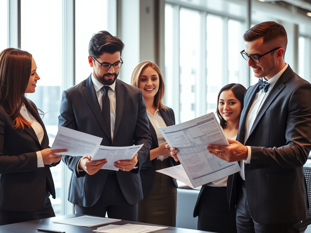 Nhóm chuyên gia tài chính xem xét hóa đơn và tài liệu thuế trong văn phòng hiện đại, ánh sáng tự nhiên qua cửa sổ, môi trường làm việc chuyên nghiệp