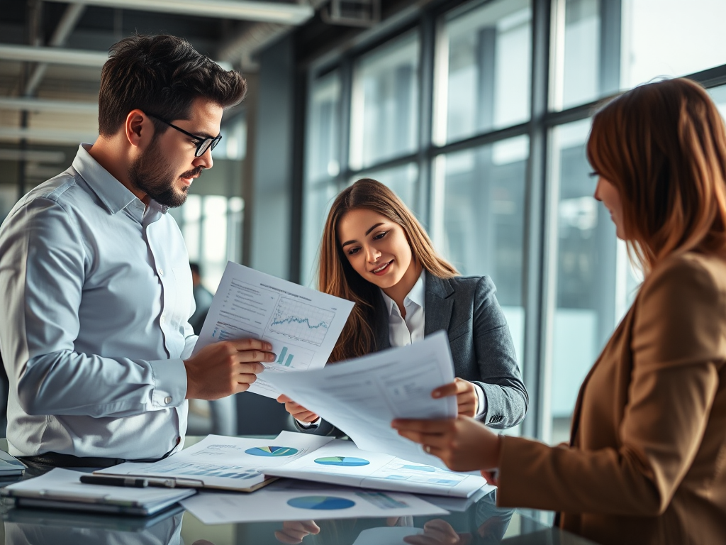 Nhóm chuyên gia tài chính xem xét tài liệu chi phí trong văn phòng hiện đại với ánh sáng tự nhiên, bàn làm việc ngăn nắp với biểu đồ và báo cáo tài chính