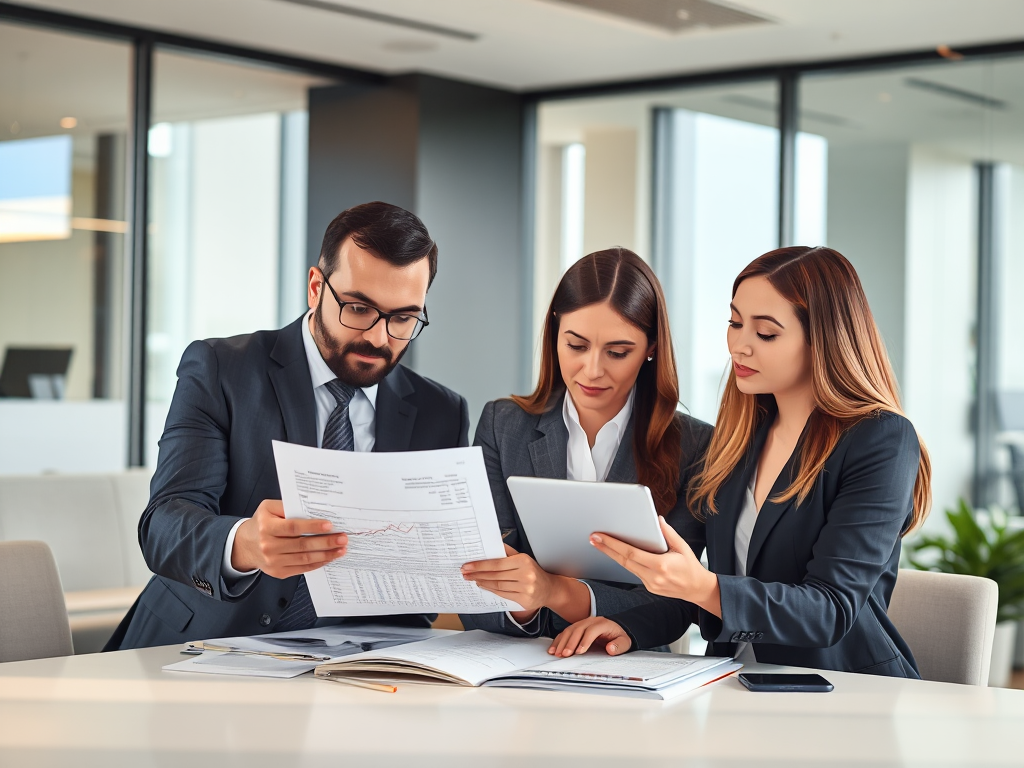 Nhóm chuyên gia tài chính xem xét tài liệu hóa đơn trong văn phòng hiện đại, ánh sáng tự nhiên, tập trung vào công việc và độ chính xác cao