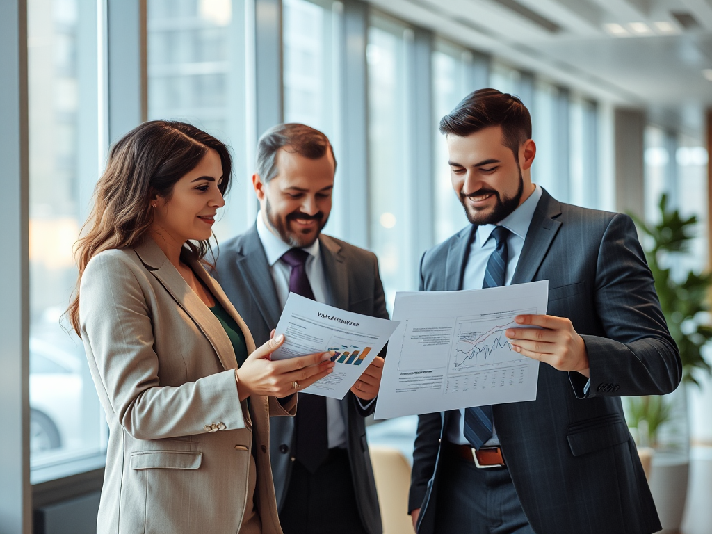 Nhóm chuyên gia tài chính xem xét tài liệu hóa đơn VAT trong văn phòng hiện đại, ánh sáng tự nhiên dịu nhẹ, môi trường làm việc chuyên nghiệp