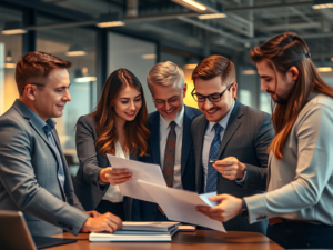 Nhóm chuyên gia xem xét tài liệu nhập khẩu trong văn phòng hiện đại với ánh sáng ấm áp, tạo không khí làm việc chuyên nghiệp và tập trung