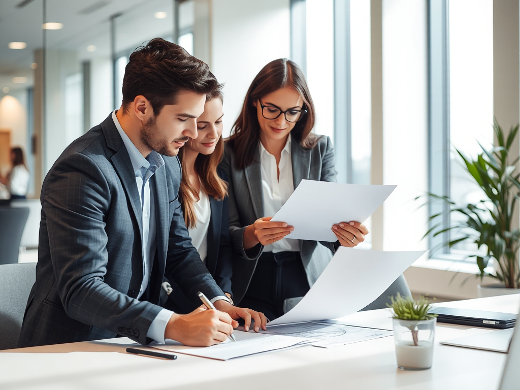 Nhóm chuyên gia xem xét tài liệu trong văn phòng hiện đại với ánh sáng tự nhiên, thể hiện dịch vụ hợp thức hóa chứng từ chuyên nghiệp