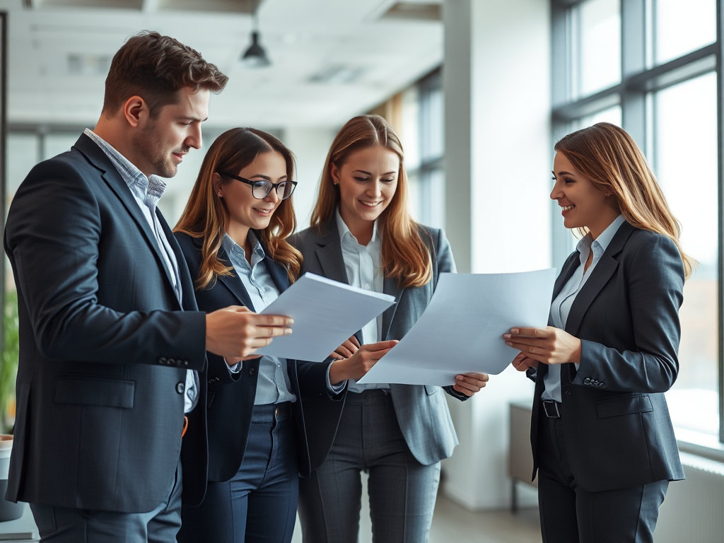 Nhóm chuyên gia xem xét tài liệu trong văn phòng hiện đại với ánh sáng tự nhiên dịu nhẹ, thể hiện dịch vụ hợp thức hóa chứng từ chuyên nghiệp