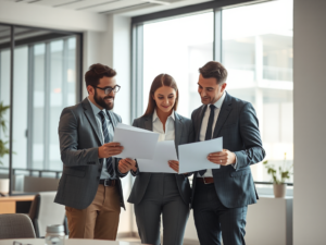 Nhóm chuyên gia xem xét tài liệu và chứng từ trong văn phòng hiện đại với ánh sáng tự nhiên, thể hiện dịch vụ hợp thức hóa chứng từ chuyên nghiệp