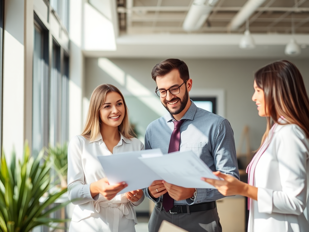 Nhóm chuyên viên bất động sản trao đổi hồ sơ giao dịch trong văn phòng hiện đại với ánh sáng tự nhiên, thể hiện quy trình mua bán bất động sản chuyên nghiệp