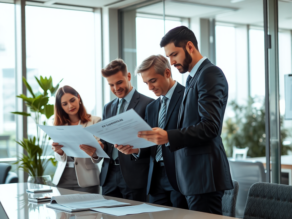 Nhóm doanh nghiệp đang xem xét tài liệu tài chính trong văn phòng hiện đại với ánh sáng tự nhiên, tạo không khí làm việc chuyên nghiệp và hợp tác