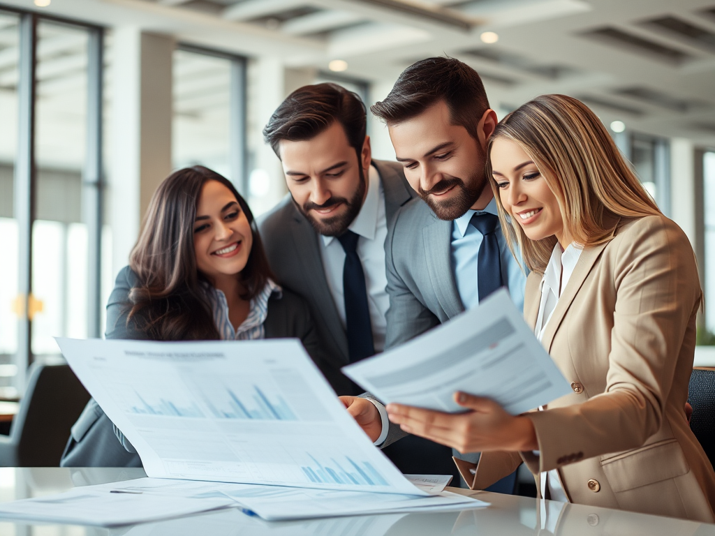 Nhóm doanh nghiệp đang xem xét tài liệu tài chính trong văn phòng hiện đại, ánh sáng ấm áp, biểu cảm tập trung, môi trường làm việc chuyên nghiệp