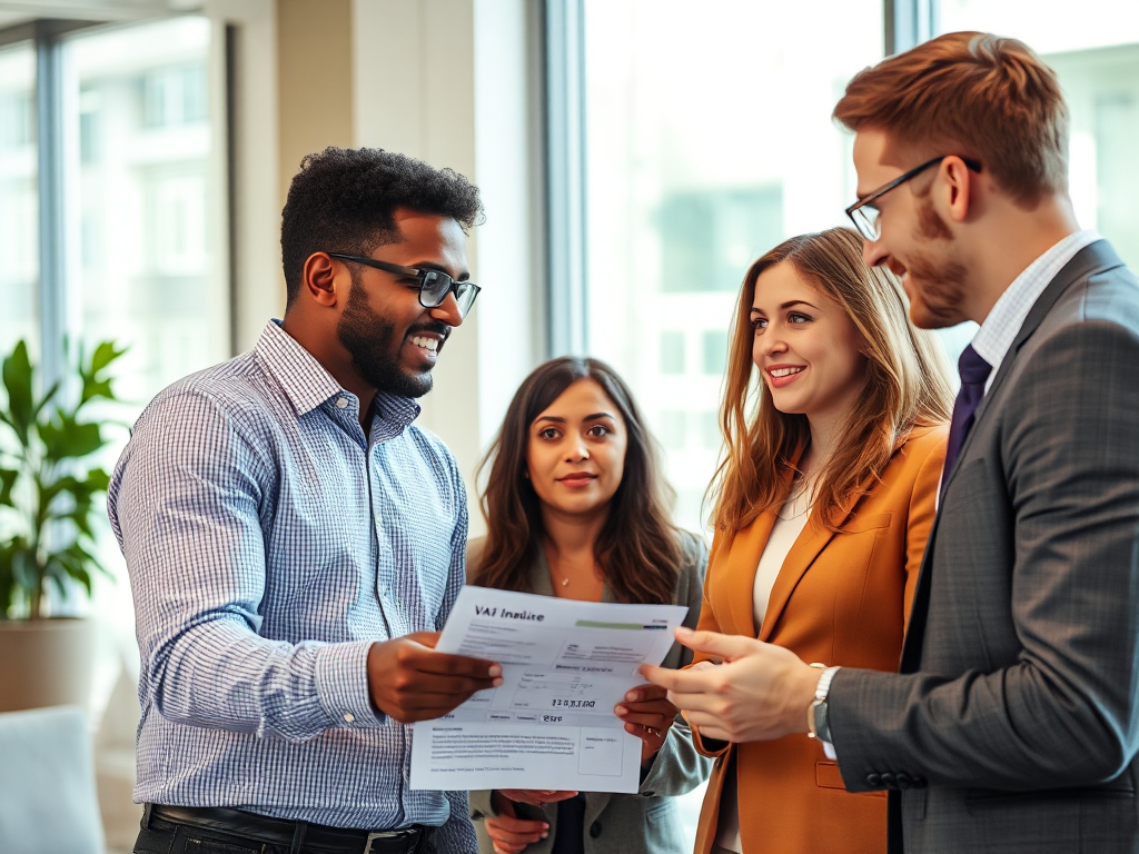 Nhóm doanh nhân đang thảo luận về các loại hình dịch vụ cung cấp hóa đơn VAT trong văn phòng hiện đại với ánh sáng tự nhiên từ cửa sổ