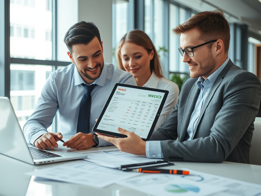 Nhóm kế toán chuyên nghiệp xem xét hóa đơn điện tử trên máy tính bảng và laptop trong văn phòng hiện đại với tài liệu thuế, ánh sáng tự nhiên qua cửa sổ