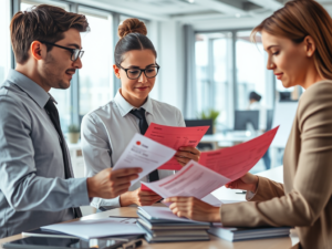 Nhóm kế toán chuyên nghiệp xem xét hóa đơn đỏ trong văn phòng hiện đại với ánh sáng tự nhiên, tài liệu được sắp xếp gọn gàng trên bàn làm việc