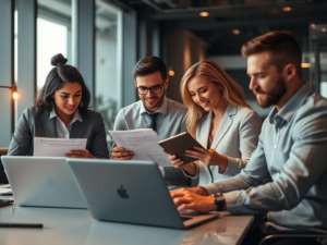 Nhóm kế toán đang làm việc với tài liệu thuế GTGT trên máy tính bảng và laptop trong văn phòng hiện đại, ánh sáng chuyên nghiệp, môi trường kinh doanh năng động