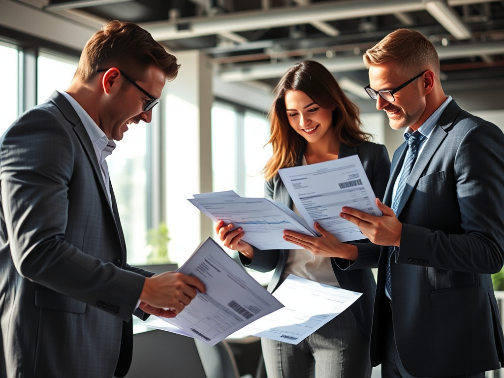 Nhóm kế toán đang xem xét hóa đơn và tài liệu thuế trong văn phòng sáng sủa, ánh sáng tự nhiên, phong cách chụp ảnh doanh nghiệp