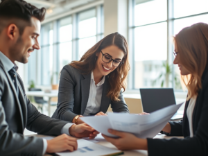 Nhóm kế toán làm việc chuyên nghiệp trong văn phòng hiện đại, xem xét hóa đơn VAT và tài liệu tài chính, ánh sáng tự nhiên từ cửa sổ lớn, không gian làm việc doanh nghiệp