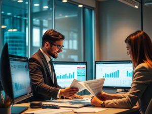 Nhóm kế toán làm việc với tài liệu tài chính kỹ thuật số trong văn phòng hiện đại, màn hình hiển thị phần mềm kế toán tích hợp, ánh sáng ấm áp tạo không gian chuyên nghiệp