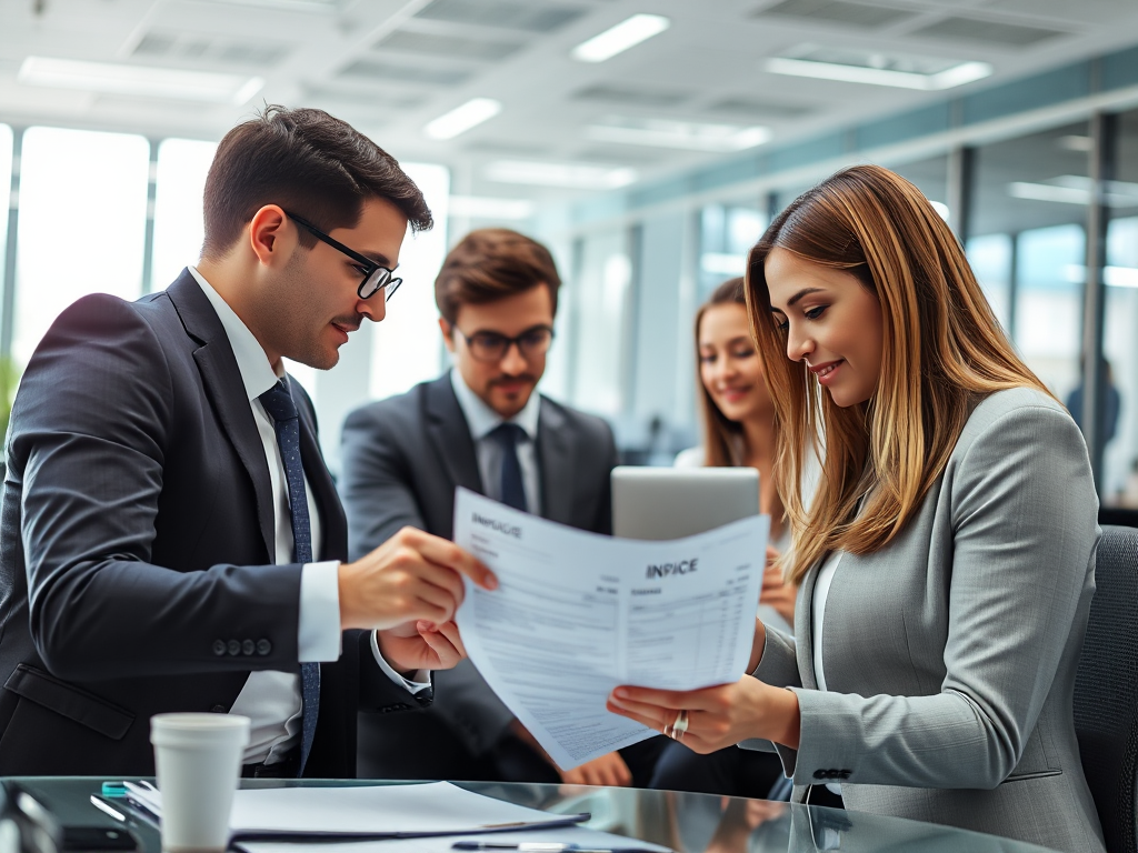 Nhóm kế toán viên chuyên nghiệp xử lý hóa đơn VAT khẩn cấp trong văn phòng hiện đại, máy tính và tài liệu được sắp xếp gọn gàng trên bàn làm việc