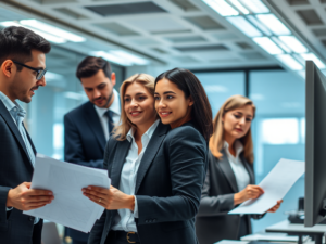 Nhóm kế toán viên làm việc khẩn cấp trong văn phòng hiện đại, xử lý tài liệu tài chính với biểu cảm tập trung cao độ, ánh sáng đèn huỳnh quang sáng rõ