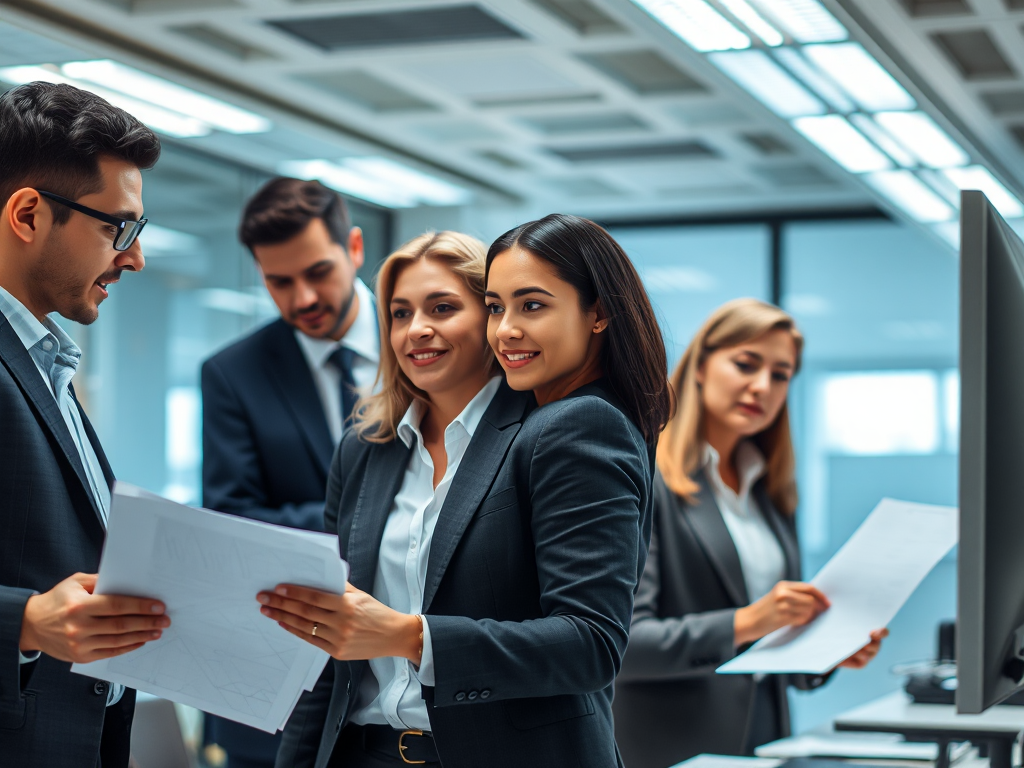 Nhóm kế toán viên làm việc khẩn cấp trong văn phòng hiện đại, xử lý tài liệu tài chính với biểu cảm tập trung cao độ, ánh sáng đèn huỳnh quang sáng rõ