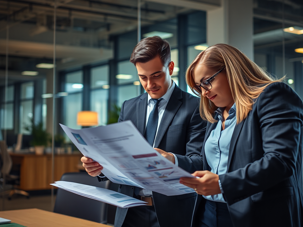 Nhóm nhân viên doanh nghiệp đang phân tích tài liệu tài chính trong văn phòng hiện đại với ánh sáng kịch tính chiếu vào tài liệu