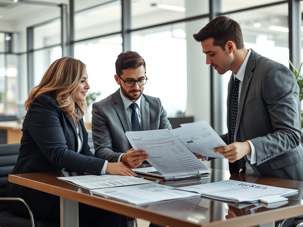 Nhóm nhân viên văn phòng đang phân tích hóa đơn VAT và tài liệu tài chính trên bàn làm việc trong môi trường doanh nghiệp hiện đại, ánh sáng tự nhiên chiếu vào không gian làm việc chuyên nghiệp
