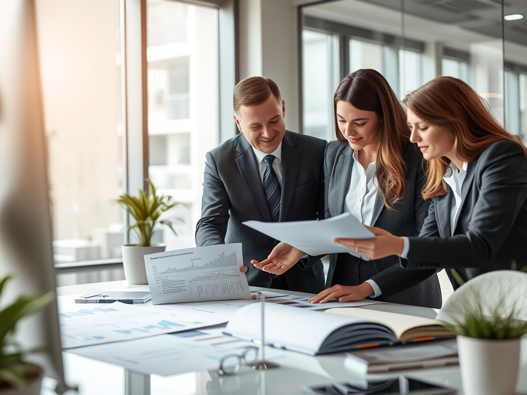 Nhóm nhân viên văn phòng đang xem xét tài liệu tài chính trên bàn làm việc, ánh sáng tự nhiên từ cửa sổ, không gian làm việc hiện đại