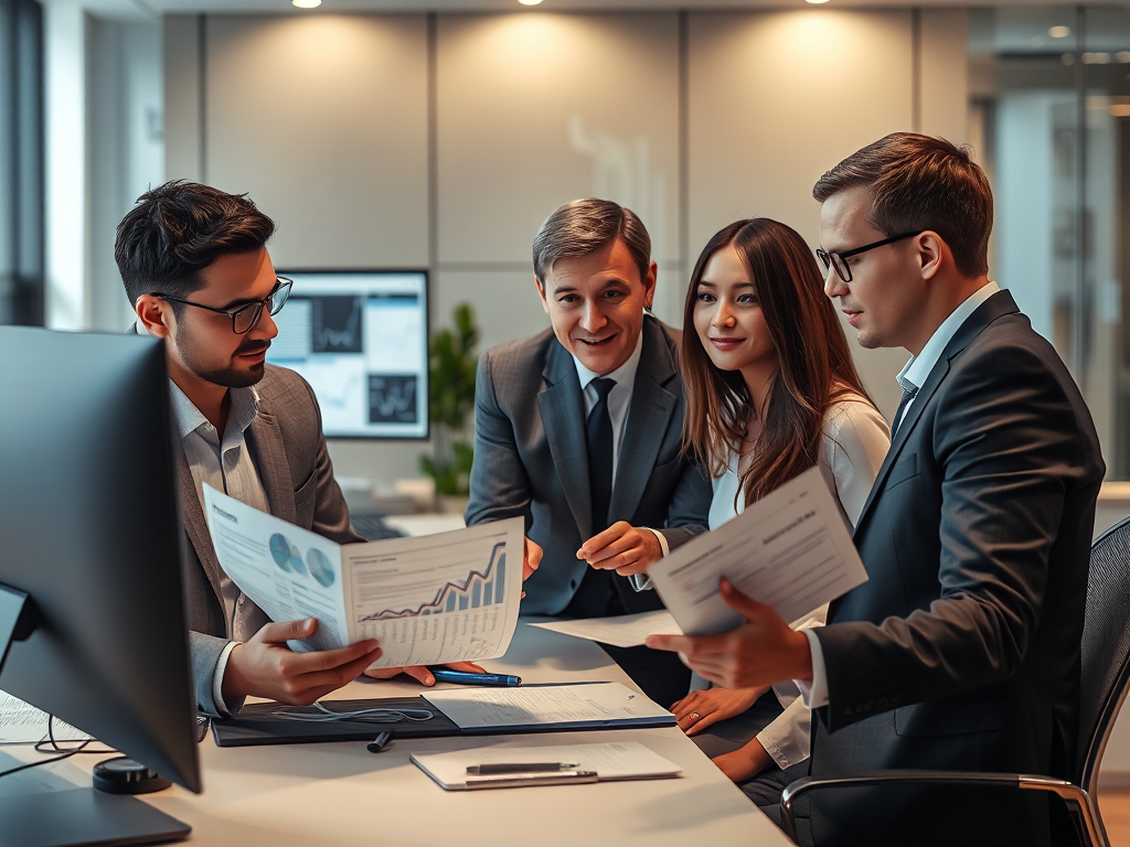 Nhóm nhân viên văn phòng đang xem xét tài liệu tài chính trên bàn làm việc, màn hình máy tính hiển thị dữ liệu, không gian làm việc chuyên nghiệp