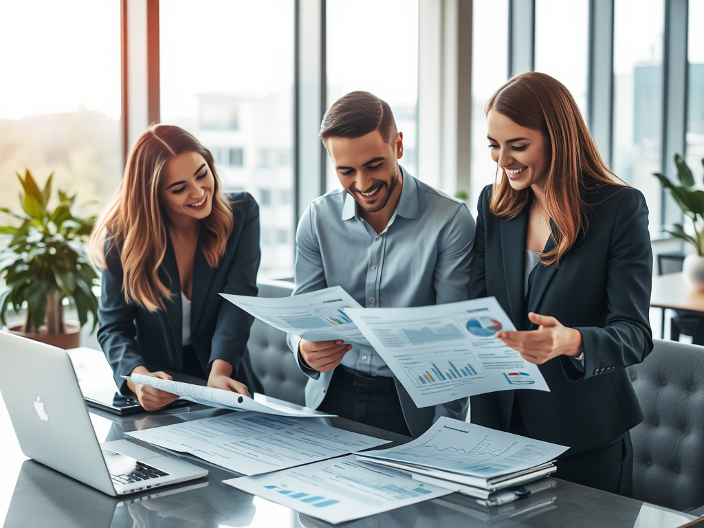 Nhóm nhân viên văn phòng hiện đại đang làm việc với tài liệu tài chính, môi trường chuyên nghiệp và ánh sáng tự nhiên dịu nhẹ