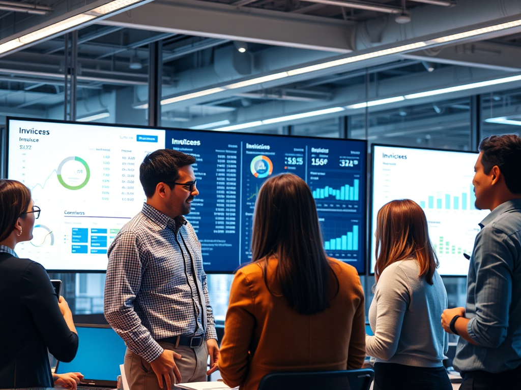 Nhóm nhân viên văn phòng hiện đại đang phân tích hóa đơn điện tử trên màn hình lớn, biểu đồ dữ liệu hiển thị rõ ràng, không gian làm việc chuyên nghiệp với ánh sáng tự nhiên.